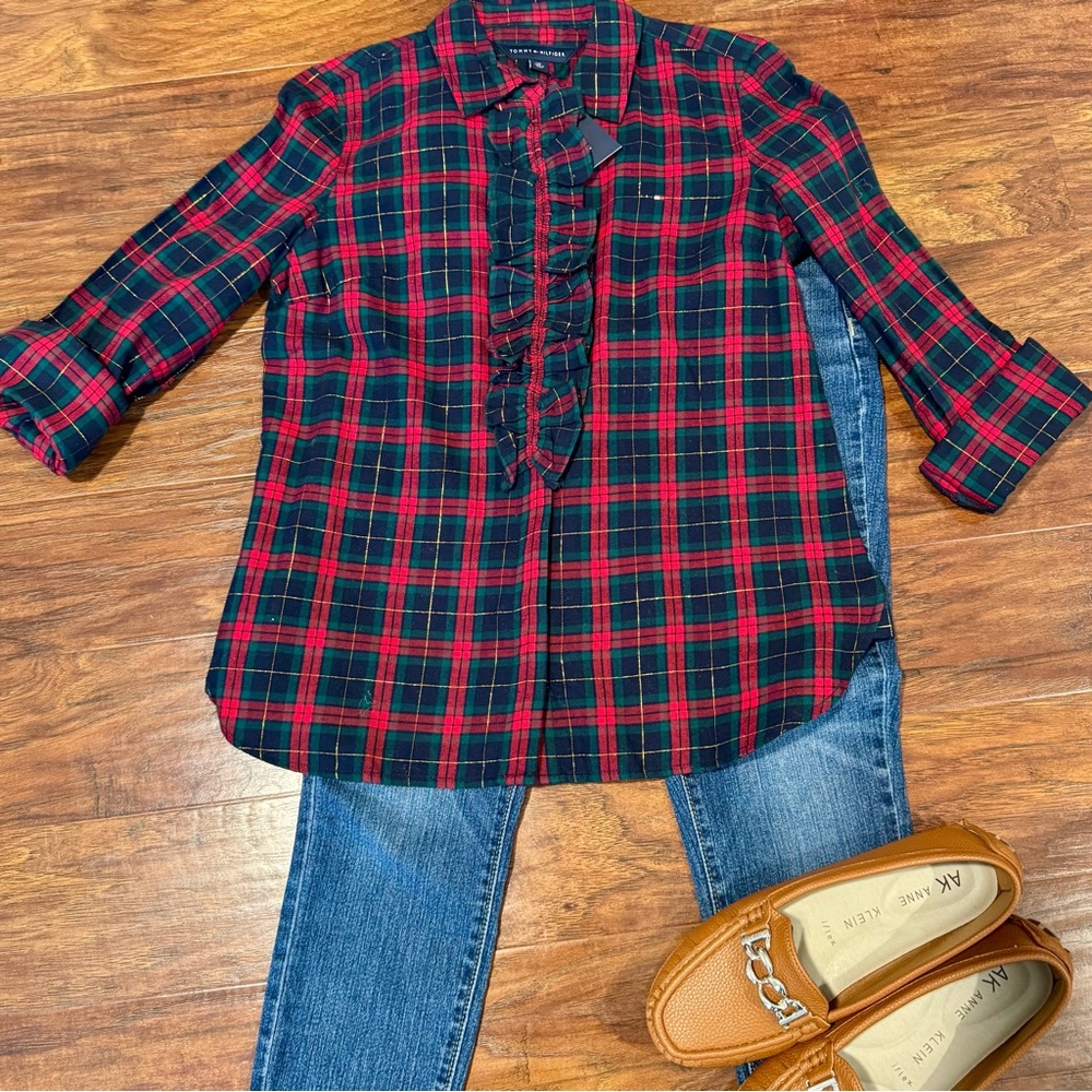 Tommy Hilfiger Ruffle Front Plaid Button Down Shirt - Size S - NEW